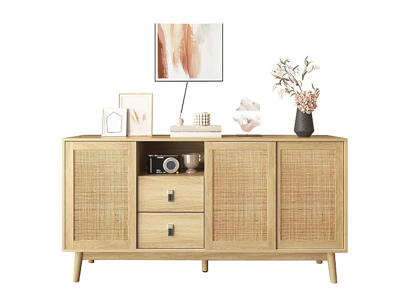 Buffet avec 3 portes coulissantes en rotin, 2 tiroirs, MDF, bois (155x38x80 cm)