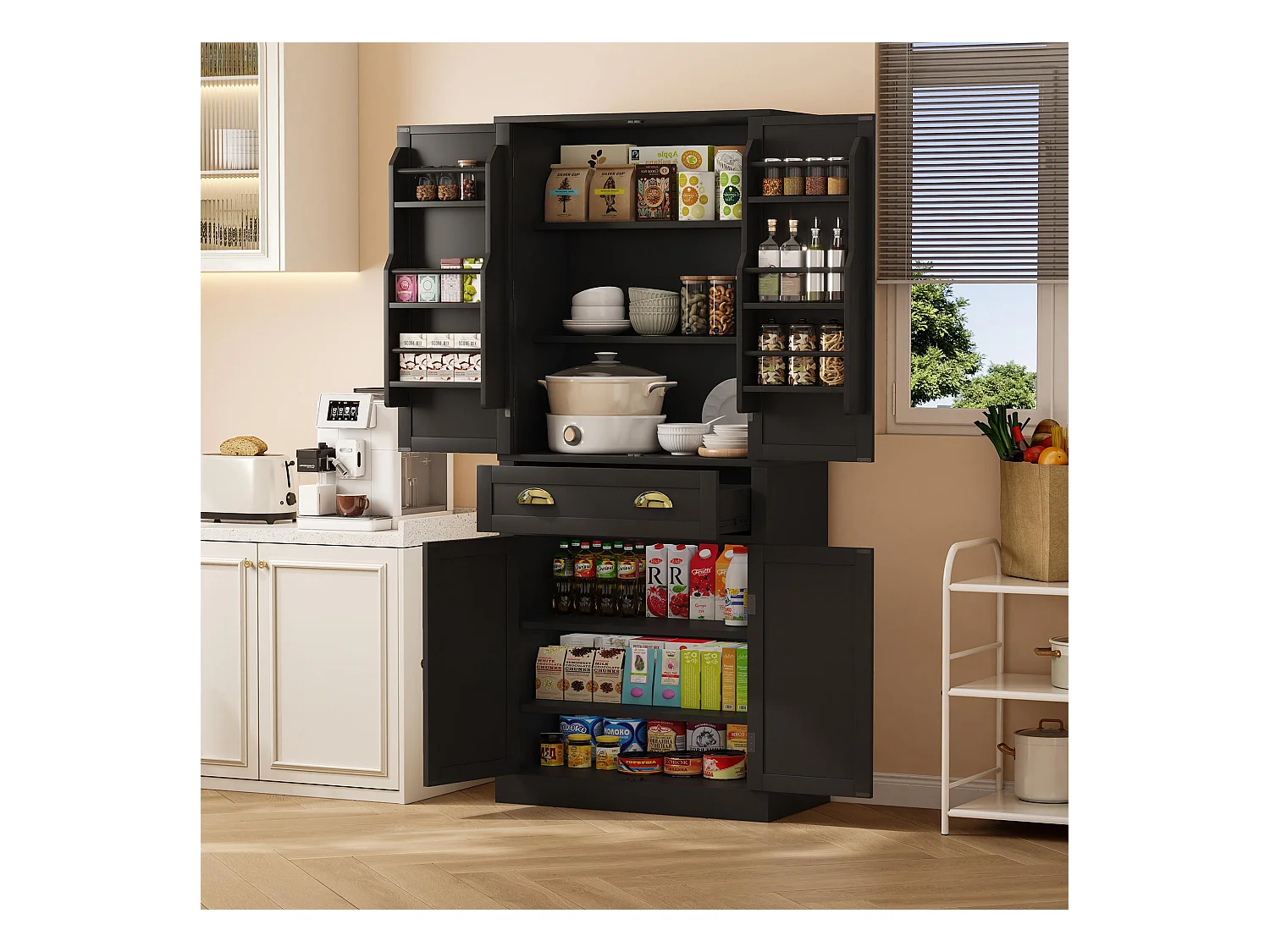 Armoire de rangement 182 cm, avec 4 portes et 1 tiroir, étagère réglable, MDF, noir (80x40x182 cm)