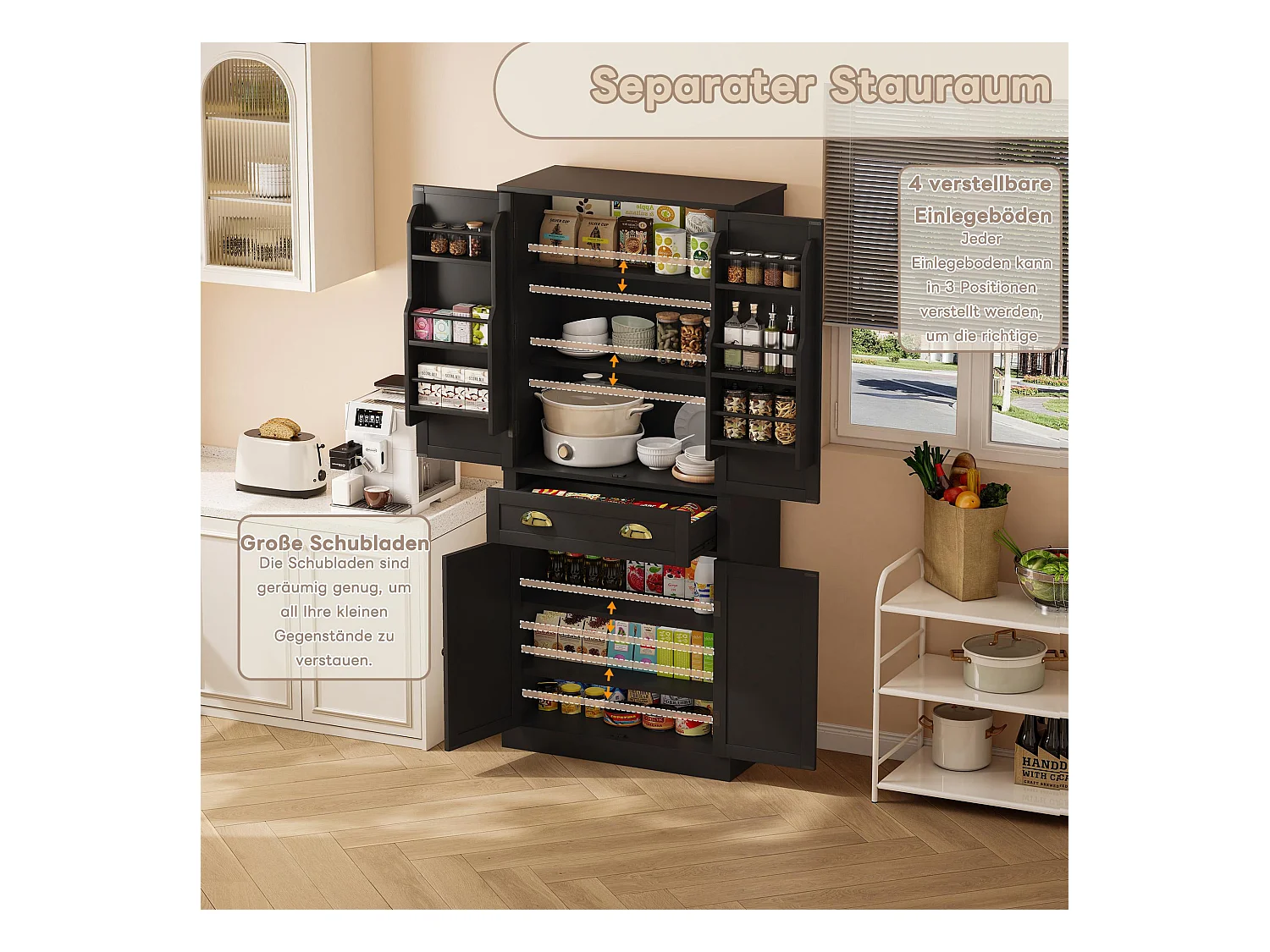 Armoire de rangement 182 cm, avec 4 portes et 1 tiroir, étagère réglable, MDF, noir (80x40x182 cm)