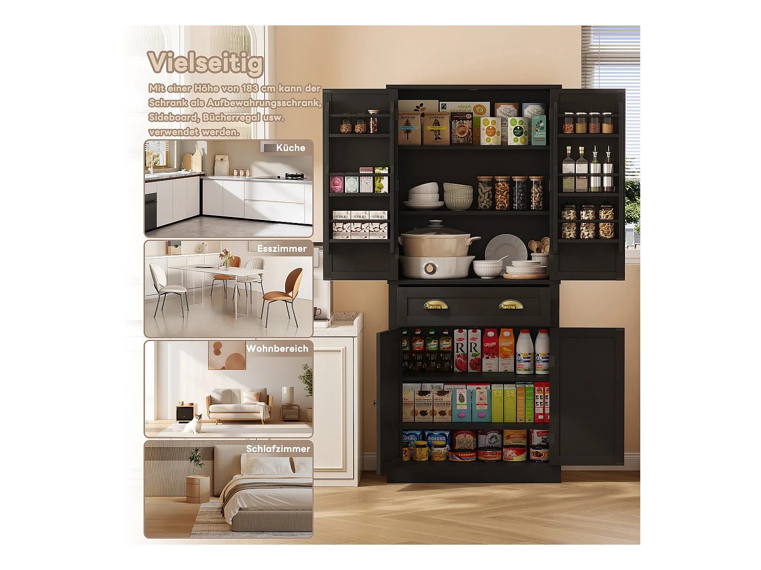 Armoire de rangement 182 cm, avec 4 portes et 1 tiroir, étagère réglable, MDF, noir (80x40x182 cm)