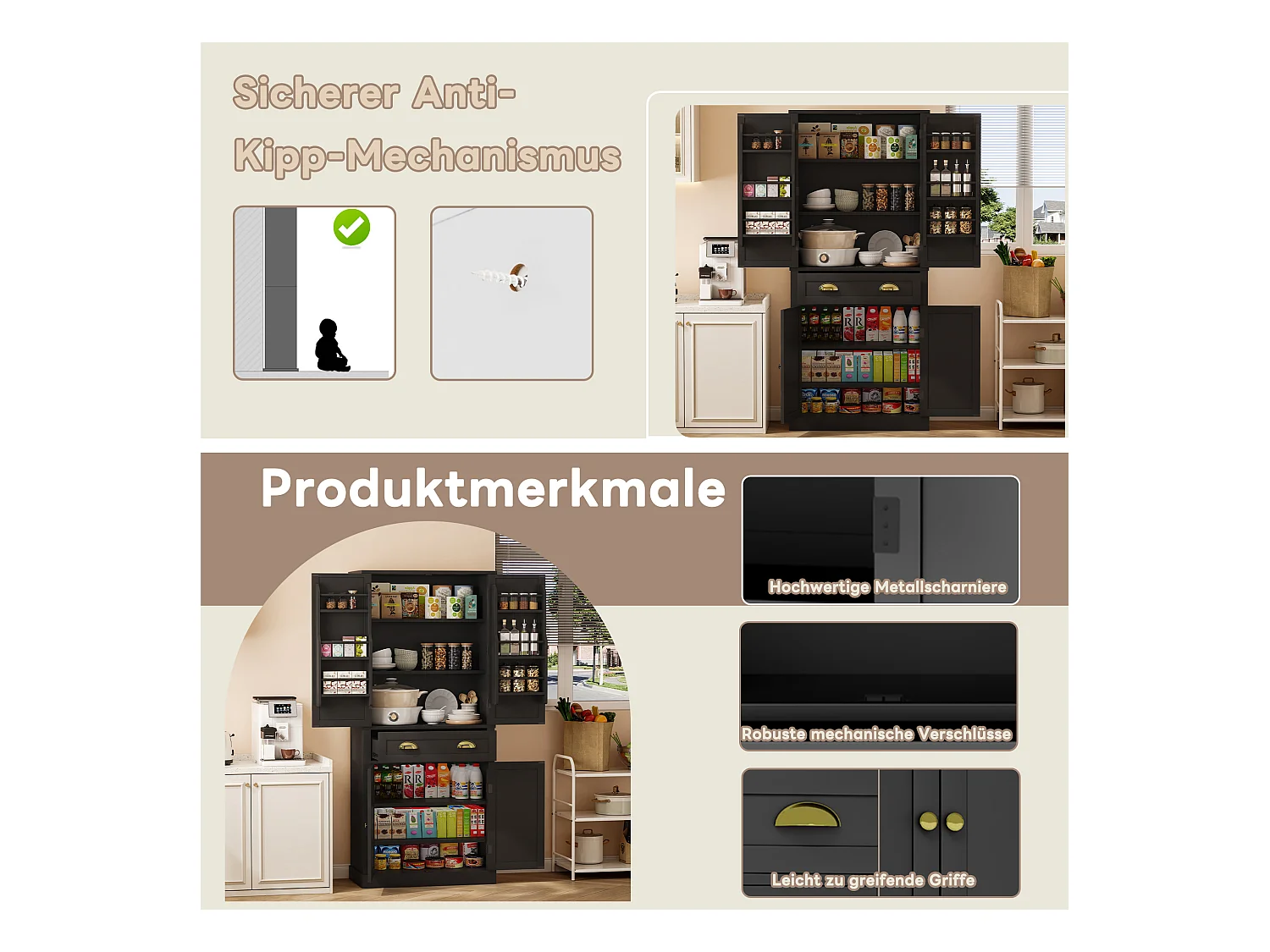 Armoire de rangement 182 cm, avec 4 portes et 1 tiroir, étagère réglable, MDF, noir (80x40x182 cm)