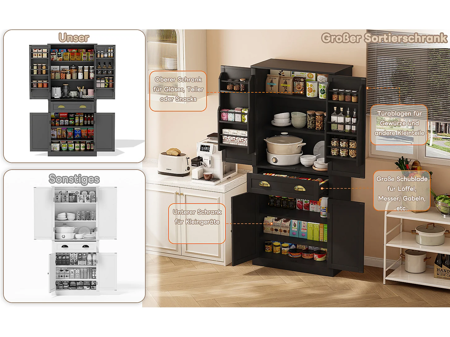 Armoire de rangement 182 cm, avec 4 portes et 1 tiroir, étagère réglable, MDF, noir (80x40x182 cm)