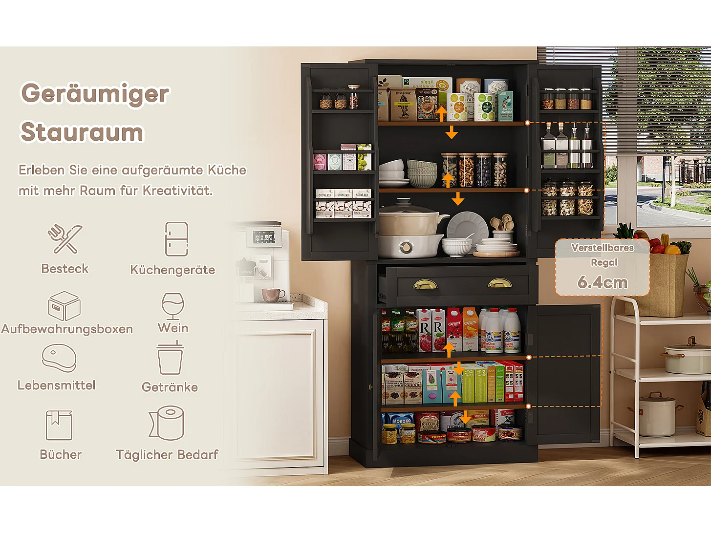 Armoire de rangement 182 cm, avec 4 portes et 1 tiroir, étagère réglable, MDF, noir (80x40x182 cm)