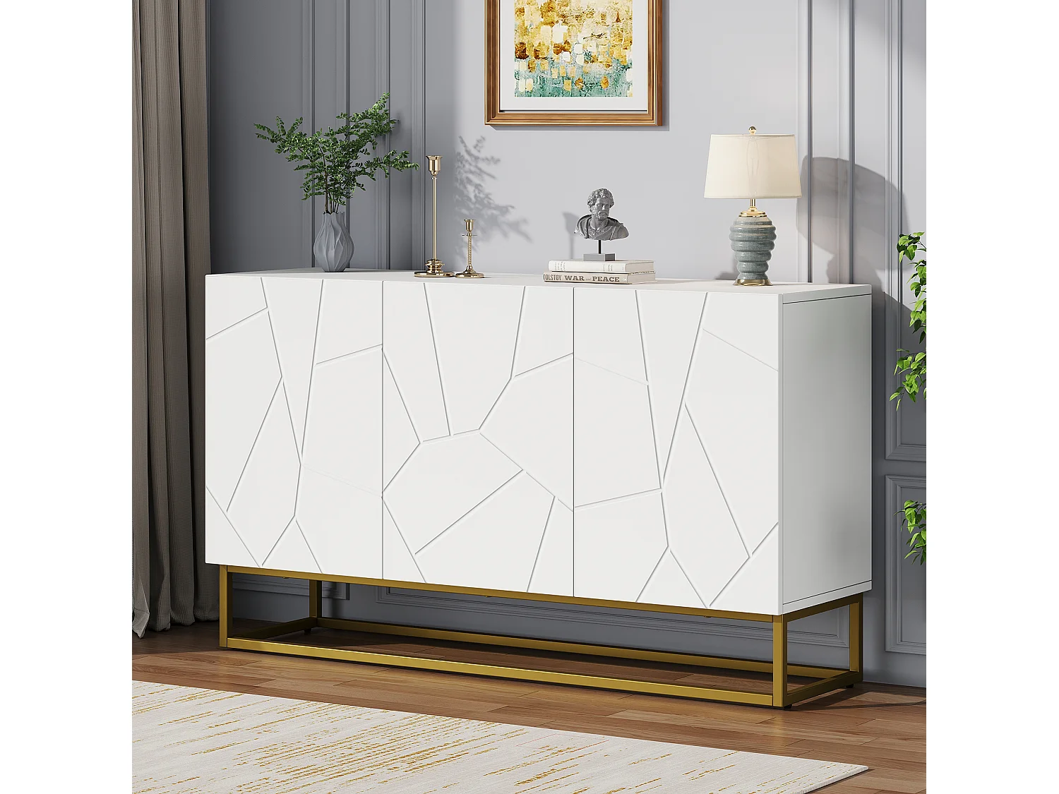 Aparador alto de diseño moderno, MDF, color blanco con acabados brillo, 3 puertas y estantes regulables (130x35x76 cm)