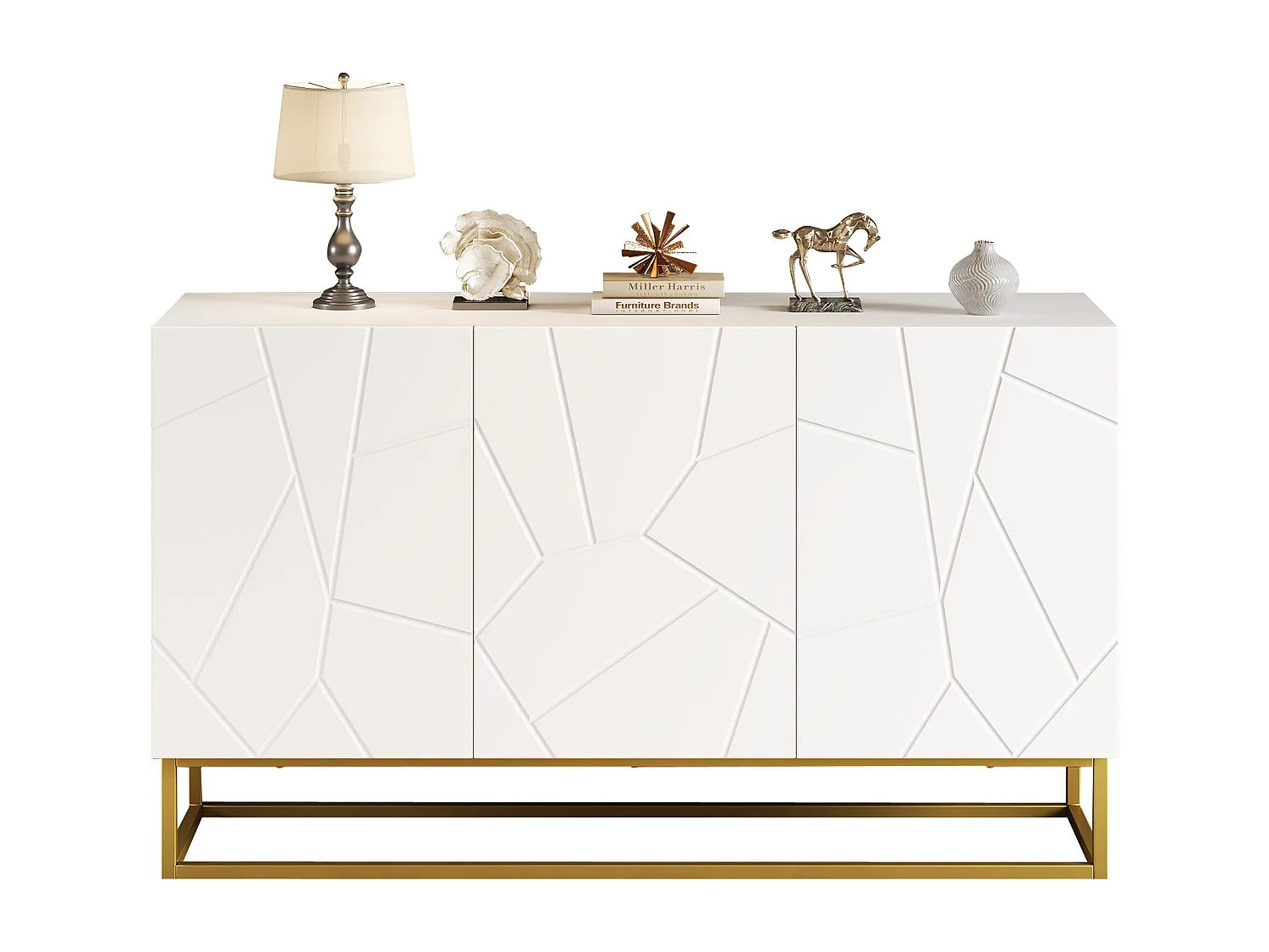 Aparador alto de diseño moderno, MDF, color blanco con acabados brillo, 3 puertas y estantes regulables (130x35x76 cm)