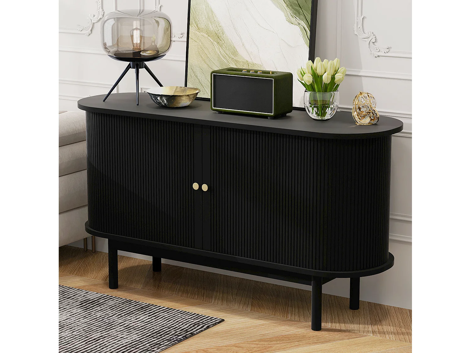 Modern retro houten dressoir met schuifdeuren, verstelbare planken, MDF en grenen, zwart (138x43x75 cm)