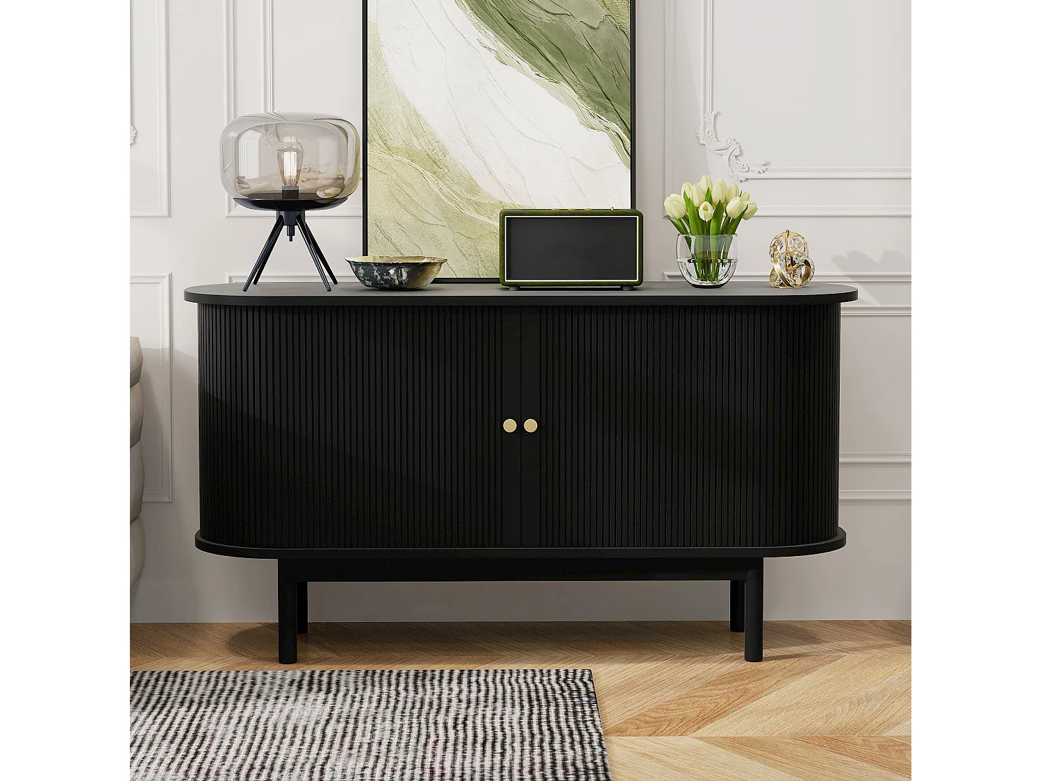 Modern retro houten dressoir met schuifdeuren, verstelbare planken, MDF en grenen, zwart (138x43x75 cm)