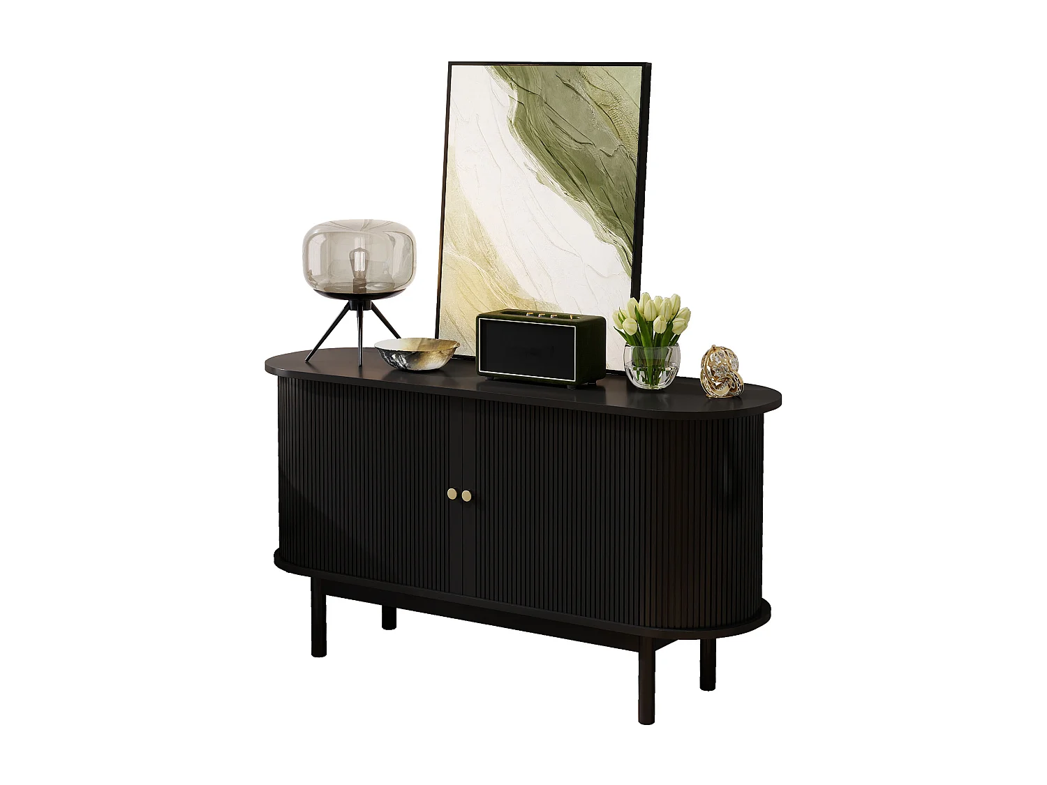 Modern retro houten dressoir met schuifdeuren, verstelbare planken, MDF en grenen, zwart (138x43x75 cm)