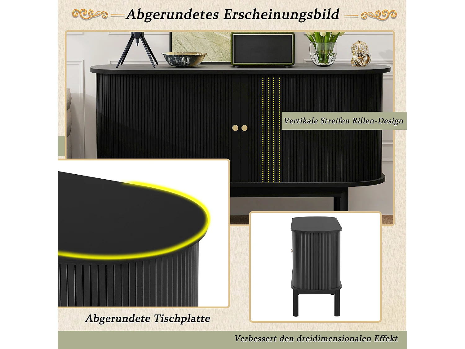 Modern retro houten dressoir met schuifdeuren, verstelbare planken, MDF en grenen, zwart (138x43x75 cm)