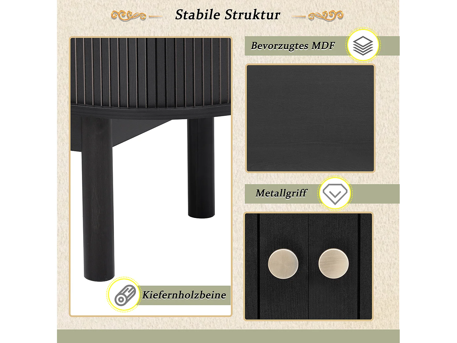 Modern retro houten dressoir met schuifdeuren, verstelbare planken, MDF en grenen, zwart (138x43x75 cm)