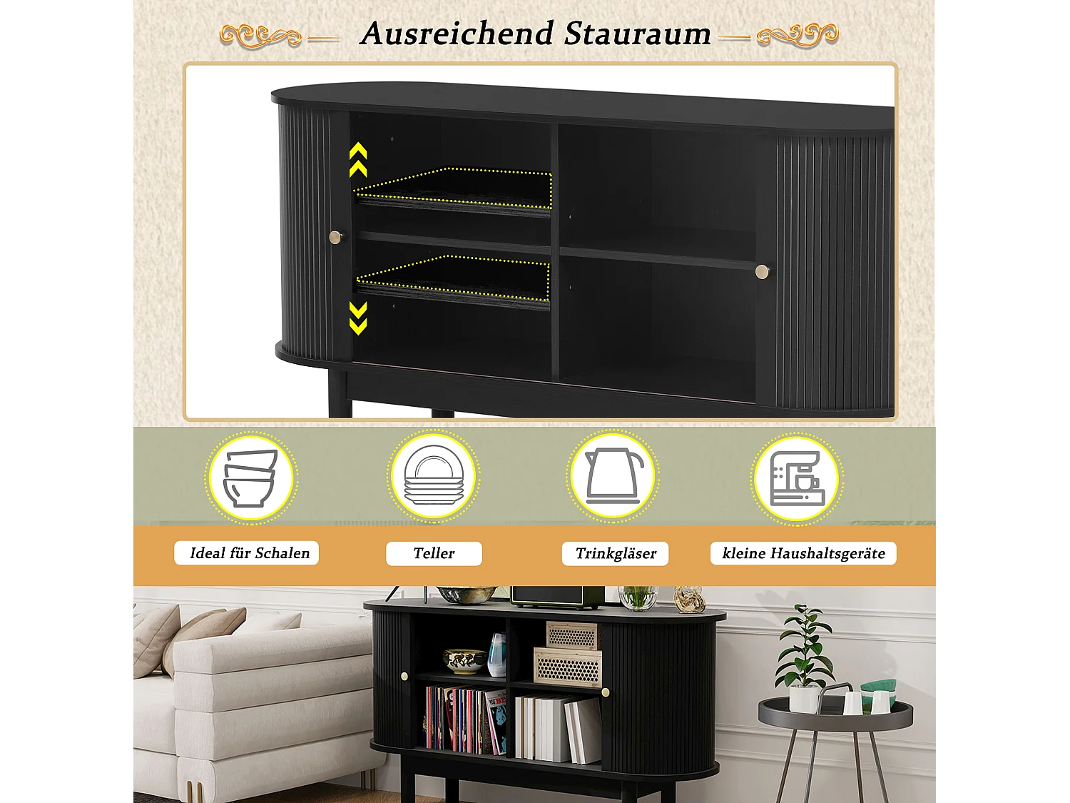 Modern retro houten dressoir met schuifdeuren, verstelbare planken, MDF en grenen, zwart (138x43x75 cm)