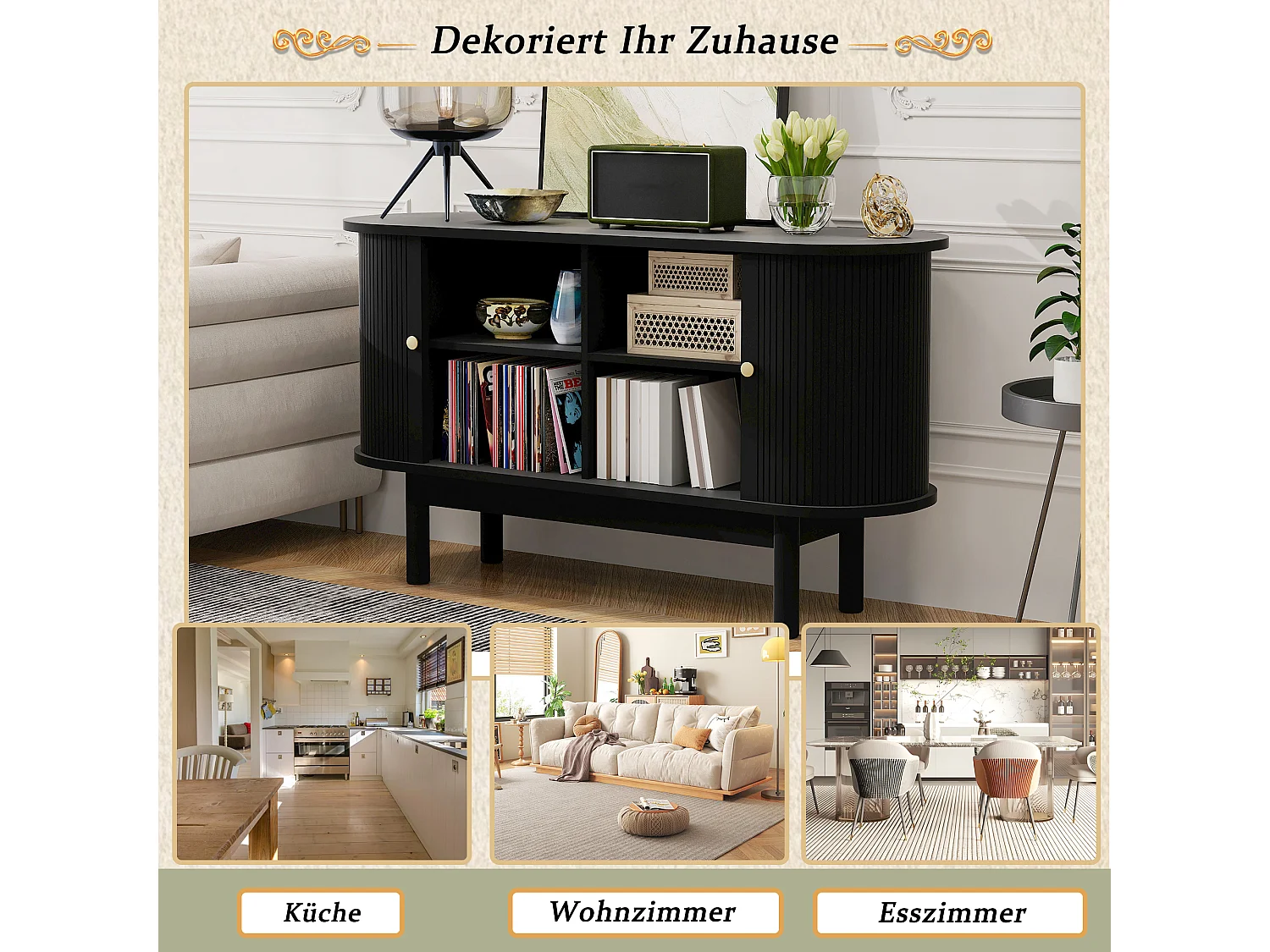 Modern retro houten dressoir met schuifdeuren, verstelbare planken, MDF en grenen, zwart (138x43x75 cm)