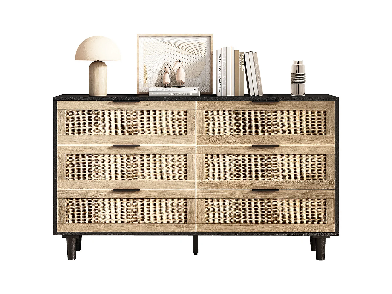 Cabinet de rangement en rotin à 6 tiroirs, design moderne, panneau de particules, noir (130x40x75 cm)