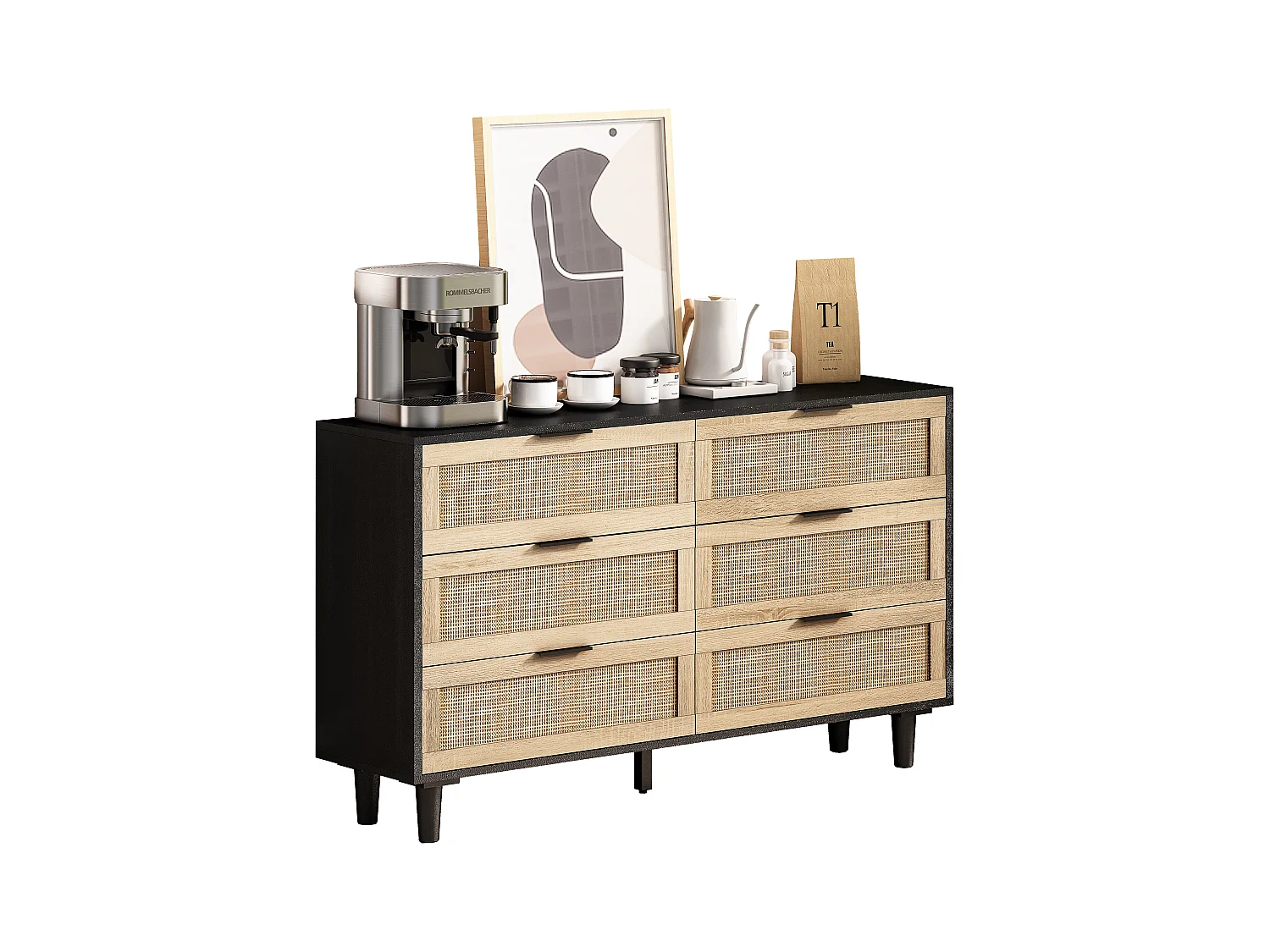 Cabinet de rangement en rotin à 6 tiroirs, design moderne, panneau de particules, noir (130x40x75 cm)