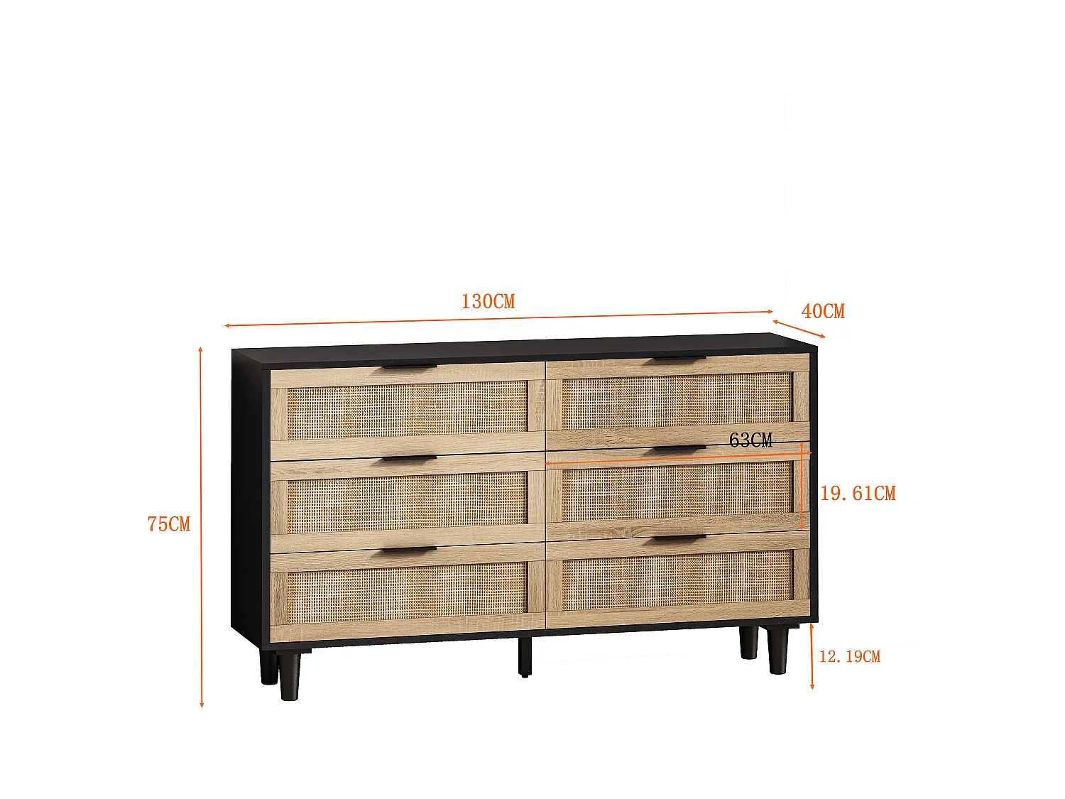 Cabinet de rangement en rotin à 6 tiroirs, design moderne, panneau de particules, noir (130x40x75 cm)