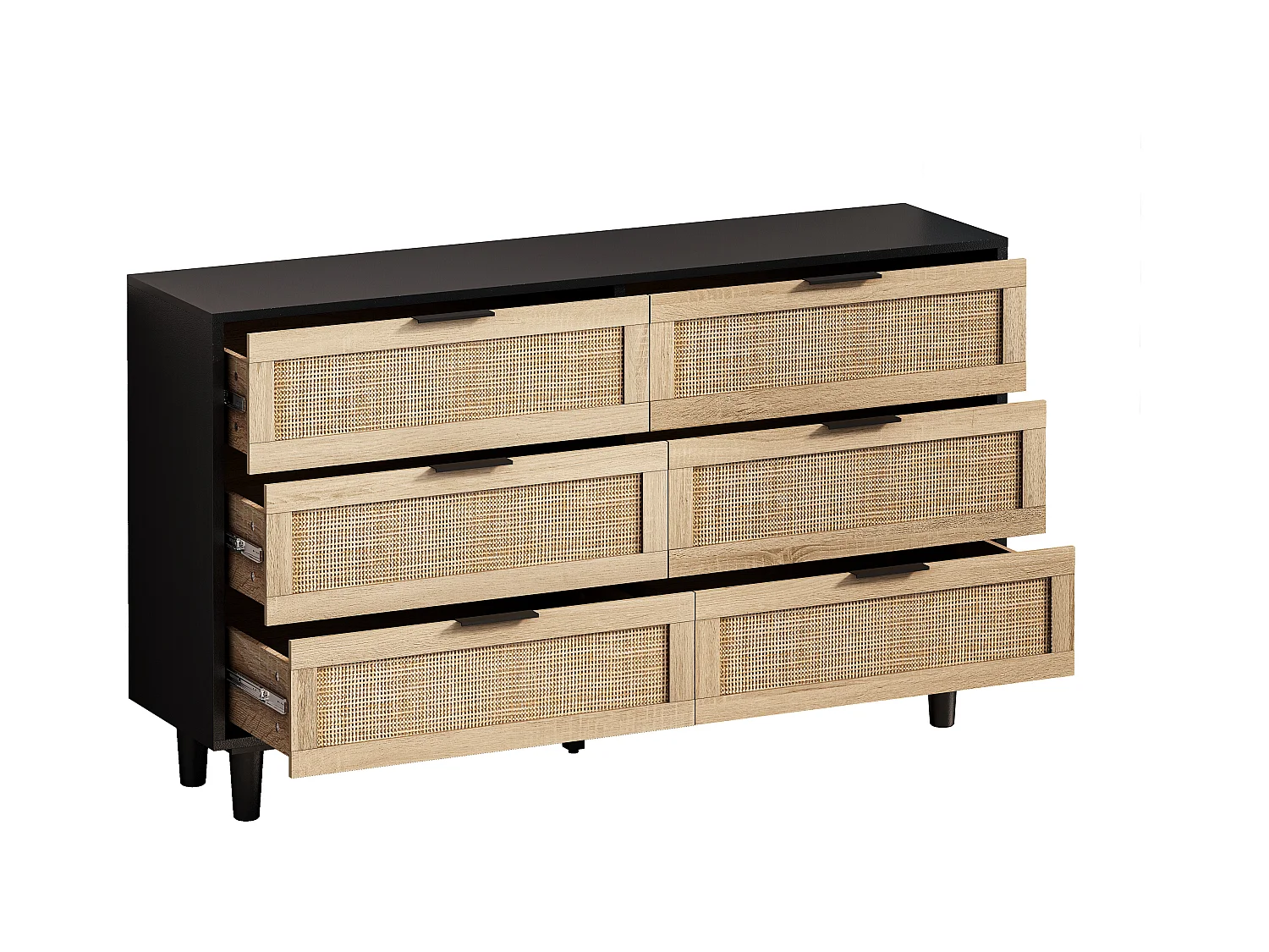 Cabinet de rangement en rotin à 6 tiroirs, design moderne, panneau de particules, noir (130x40x75 cm)