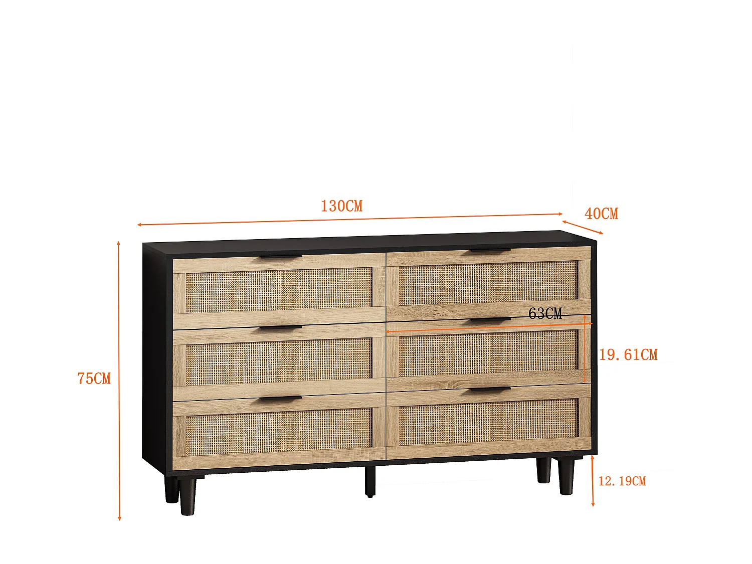 Cabinet de rangement en rotin à 6 tiroirs, design moderne, panneau de particules, noir (130x40x75 cm)