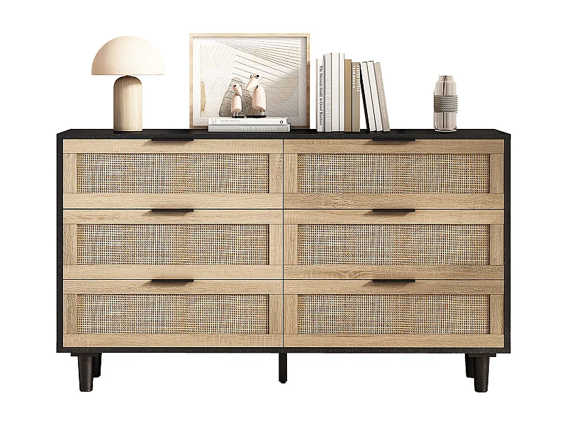 Rotan opbergkast met 6 lades, modern design, spaanplaat, zwart (130x40x75 cm)