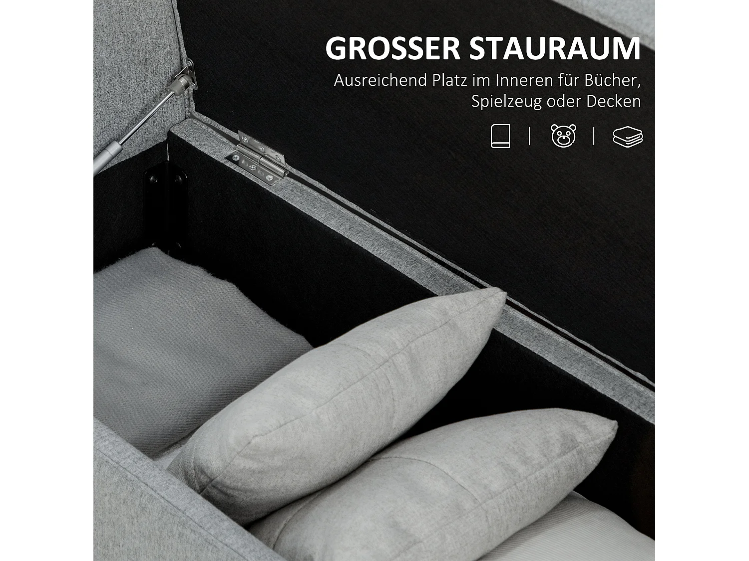 Banc de rangement avec accoudoirs, design élégant, polyester, gris clair, siège rembourré (140x49x68 cm)