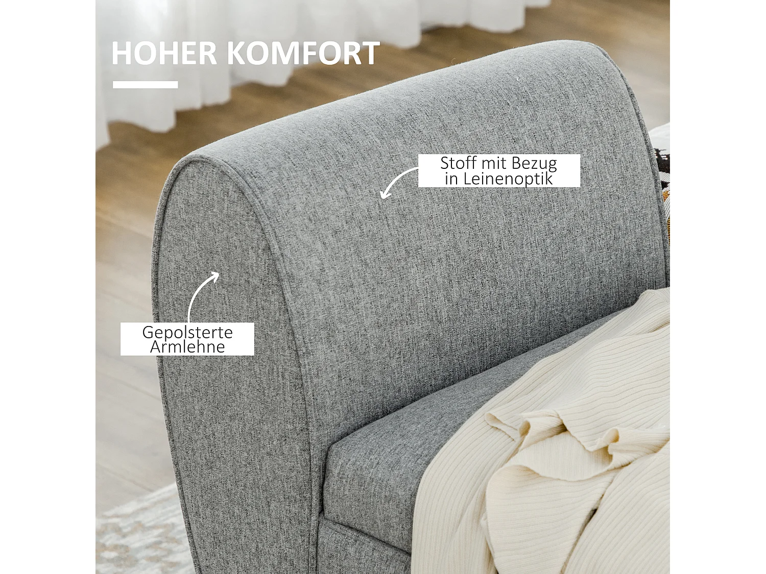 Banc de rangement avec accoudoirs, design élégant, polyester, gris clair, siège rembourré (140x49x68 cm)