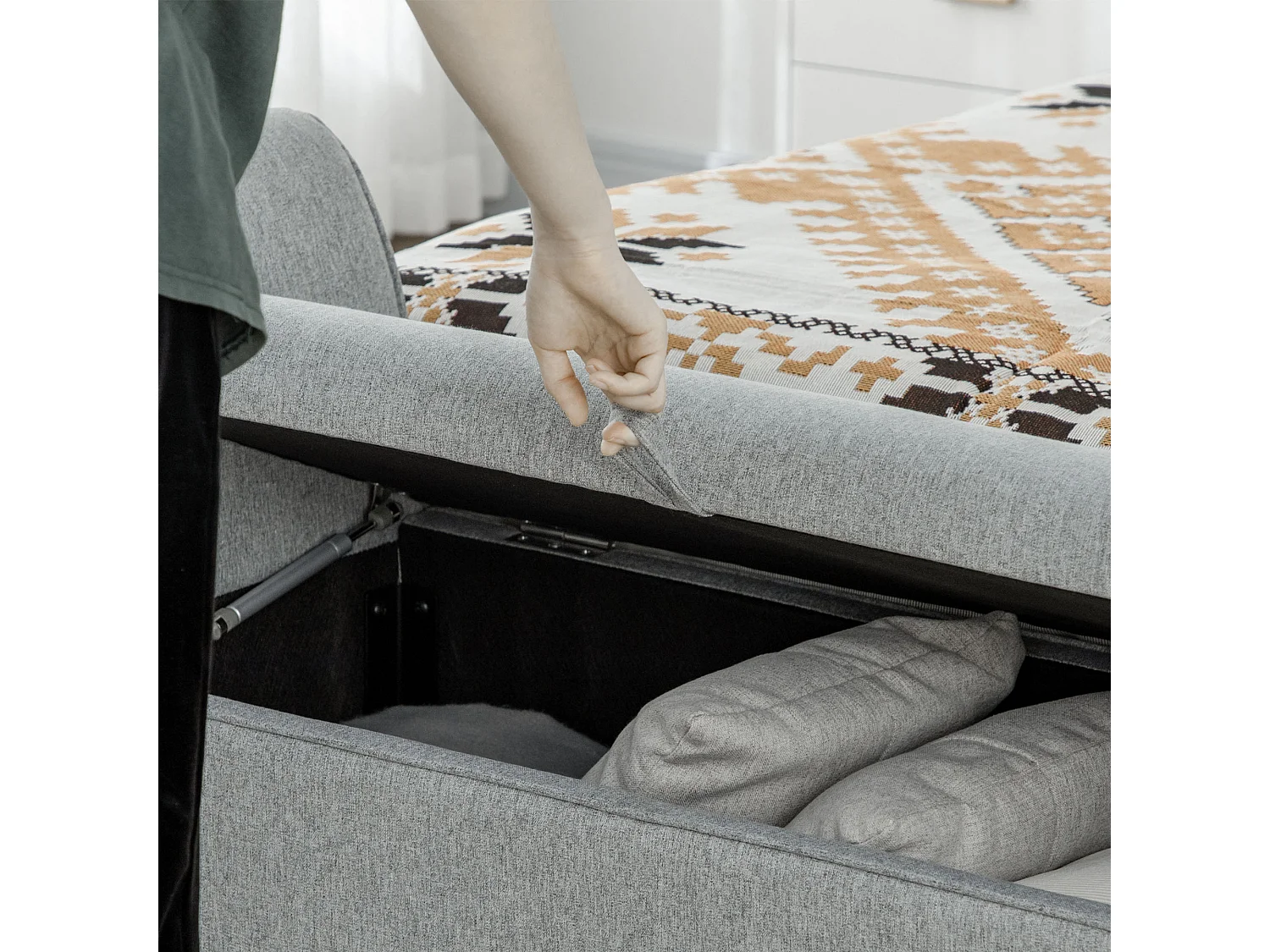 Banc de rangement avec accoudoirs, design élégant, polyester, gris clair, siège rembourré (140x49x68 cm)