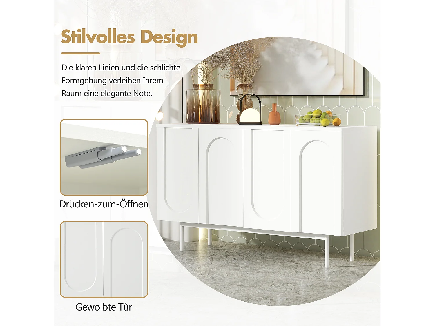 Buffet moderne minimaliste à 4 portes courbes, MDF, blanc (145x80x40 cm)