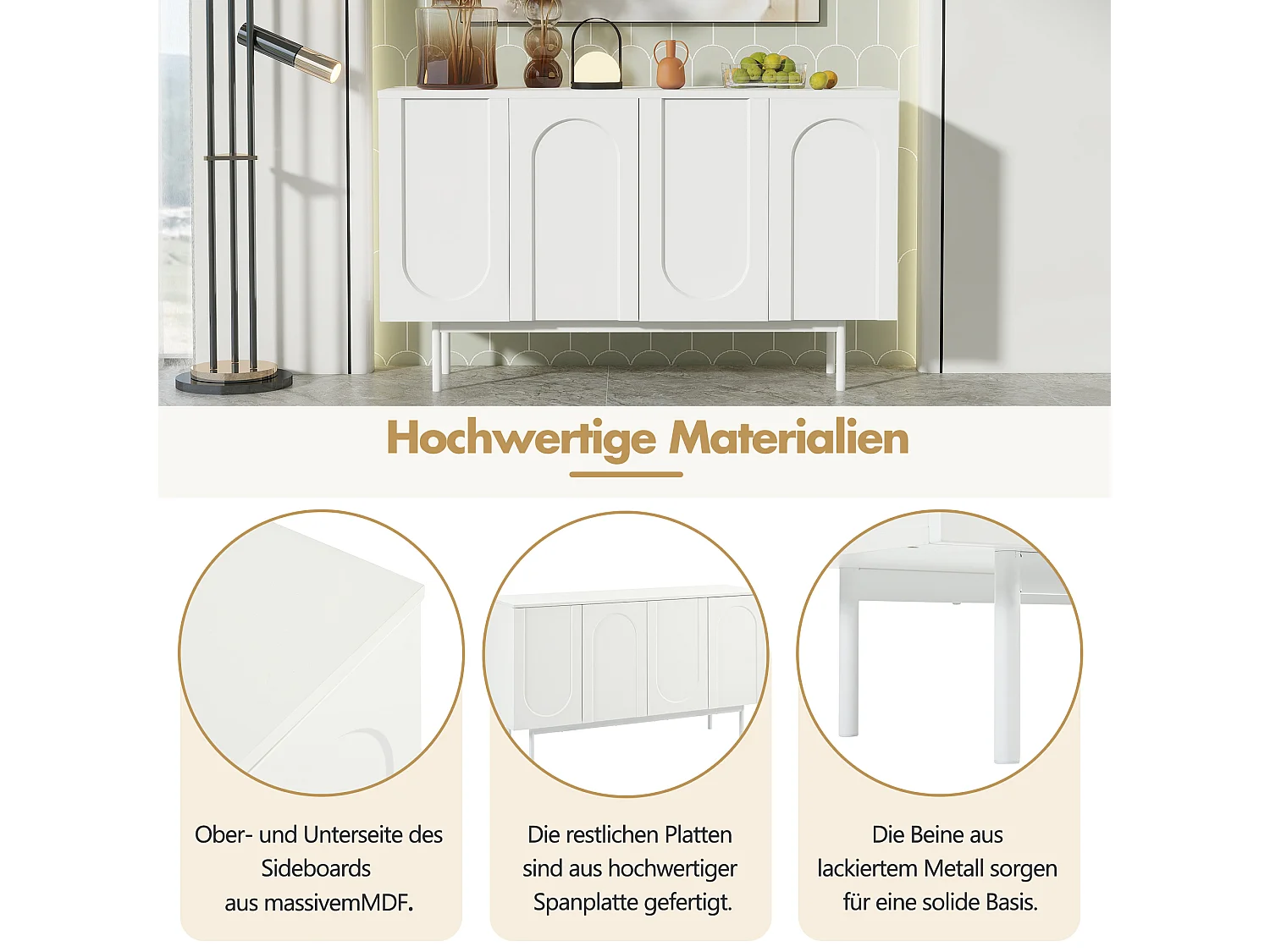 Buffet moderne minimaliste à 4 portes courbes, MDF, blanc (145x80x40 cm)