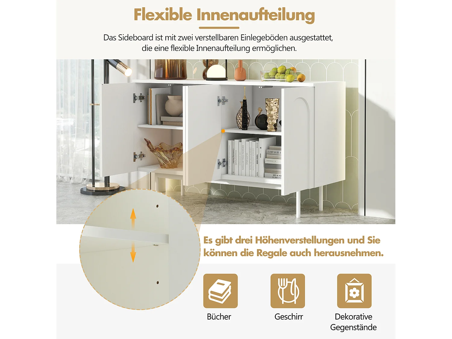 Buffet moderne minimaliste à 4 portes courbes, MDF, blanc (145x80x40 cm)