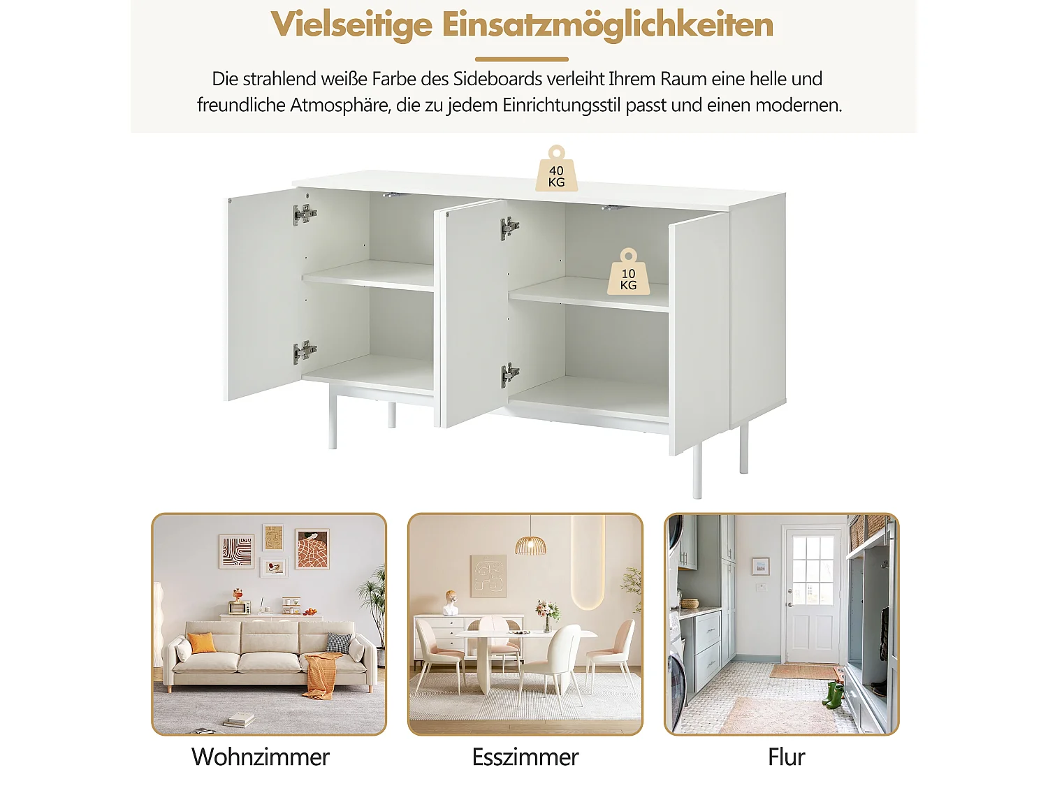 Buffet moderne minimaliste à 4 portes courbes, MDF, blanc (145x80x40 cm)