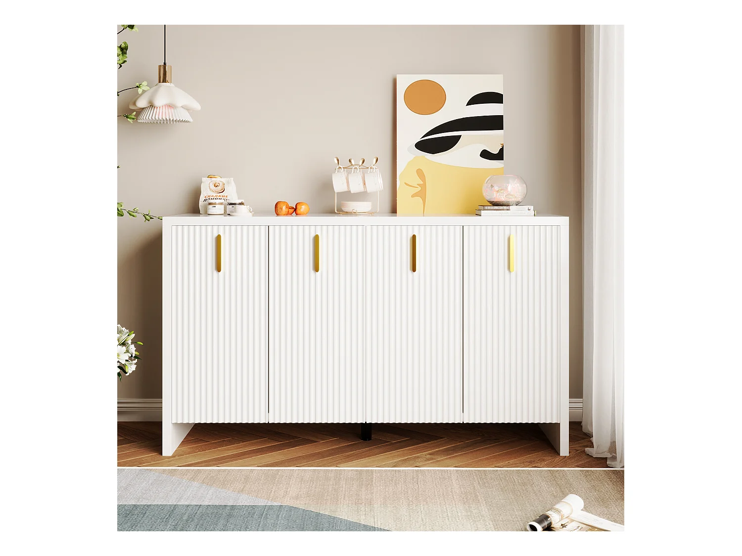Buffet moderne, 4 portes, 4 tiroirs, MDF, blanc avec détails dorés (140x38x80 cm)