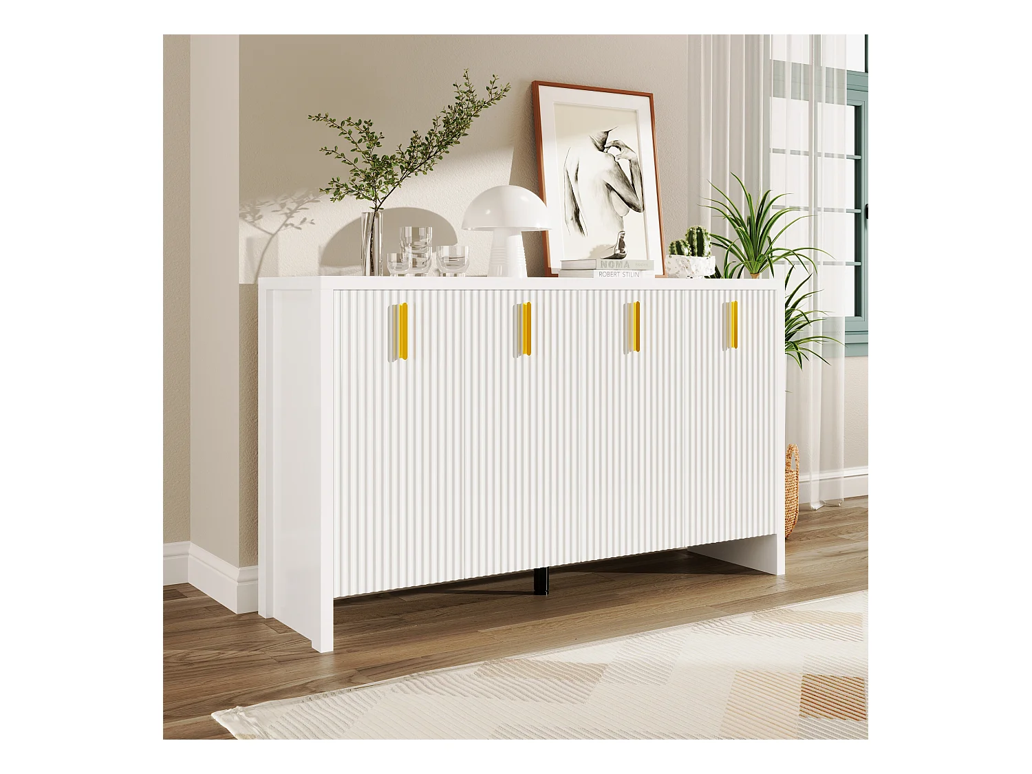 Buffet moderne, 4 portes, 4 tiroirs, MDF, blanc avec détails dorés (140x38x80 cm)