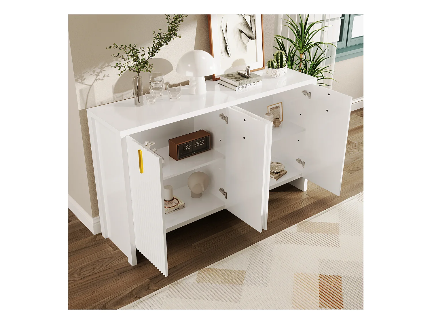 Buffet moderne, 4 portes, 4 tiroirs, MDF, blanc avec détails dorés (140x38x80 cm)