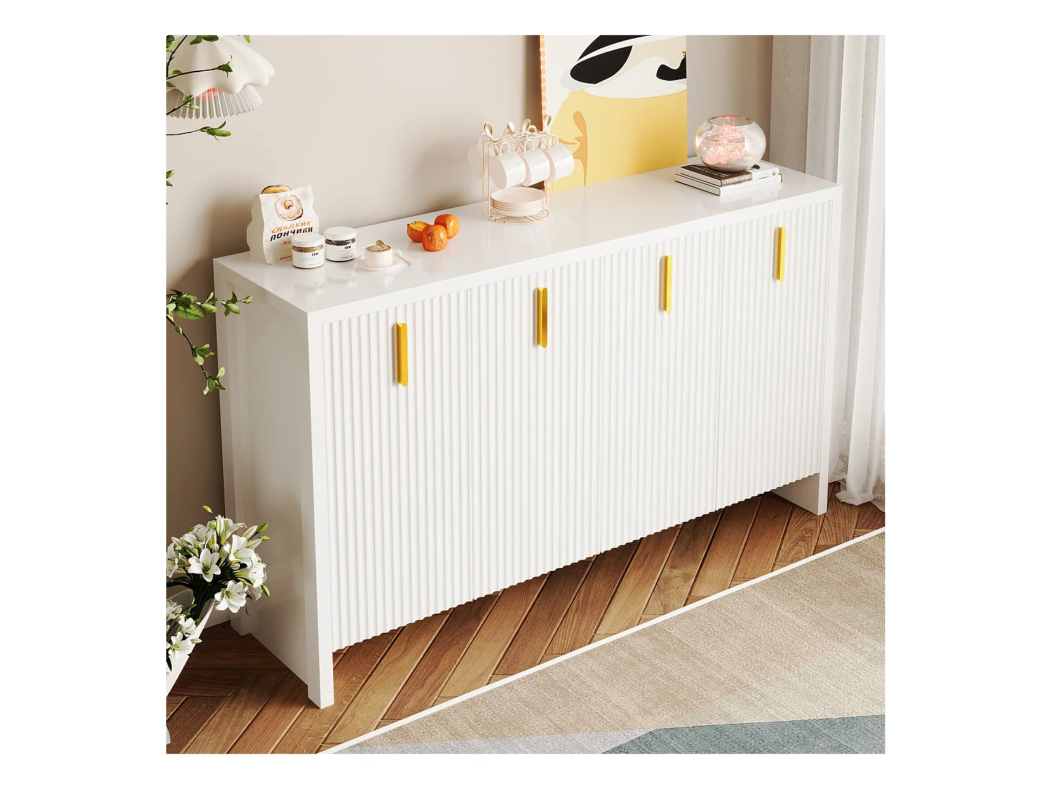 Buffet moderne, 4 portes, 4 tiroirs, MDF, blanc avec détails dorés (140x38x80 cm)