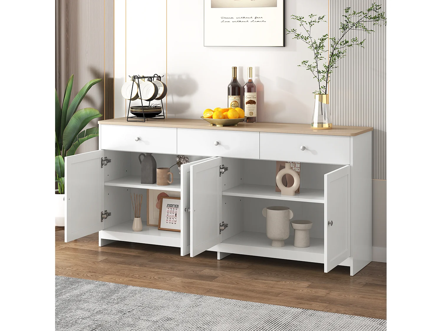 Buffet avec 3 tiroirs et 4 portes, bois et blanc, MDF (160x37x75 cm)