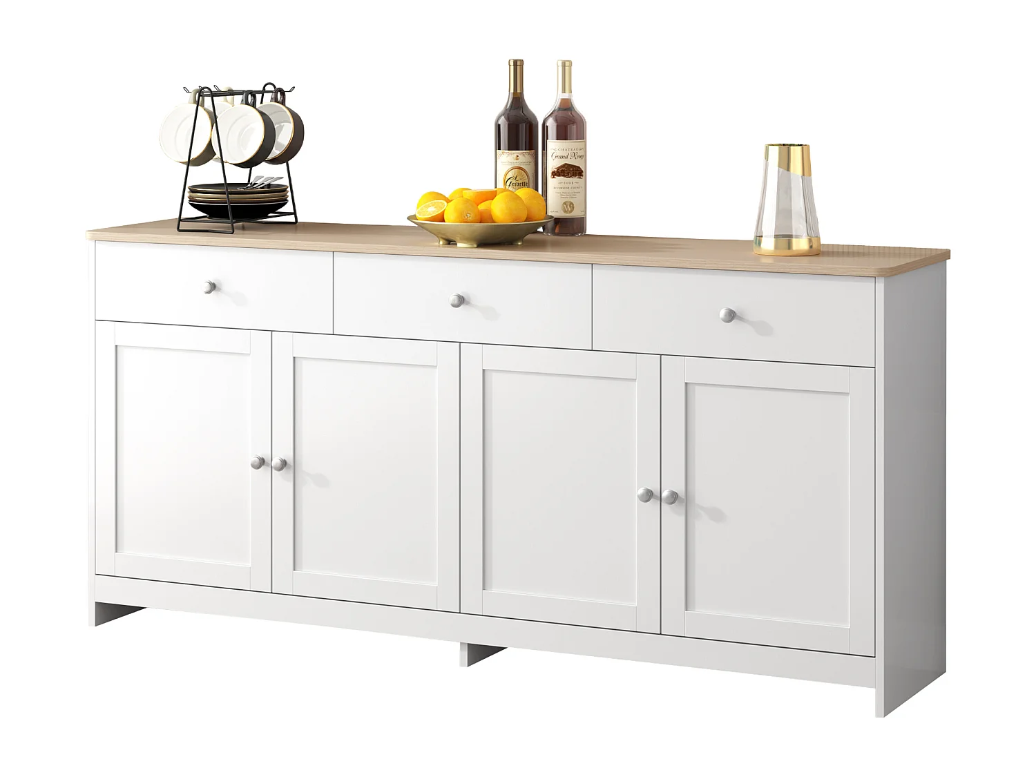 Buffet avec 3 tiroirs et 4 portes, bois et blanc, MDF (160x37x75 cm)