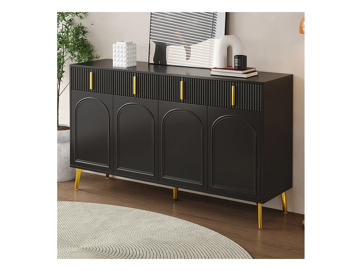 Buffet  moderne, 4 portes, 4 tiroirs, finition bois et noir, avec détails dorés (140x37.8x82 cm)