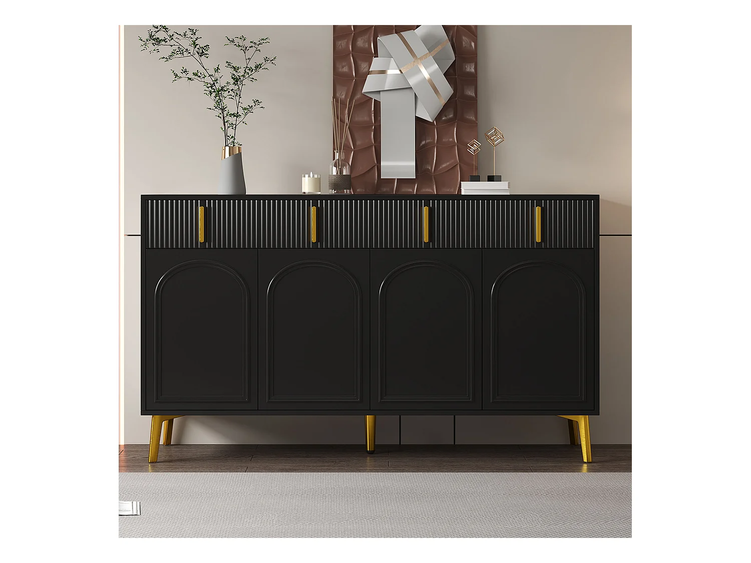 Buffet  moderne, 4 portes, 4 tiroirs, finition bois et noir, avec détails dorés (140x37.8x82 cm)