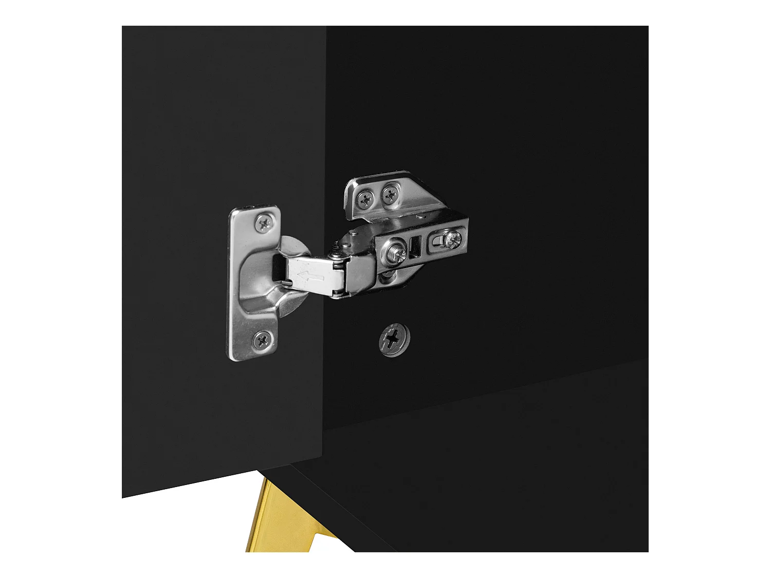 Buffet  moderne, 4 portes, 4 tiroirs, finition bois et noir, avec détails dorés (140x37.8x82 cm)