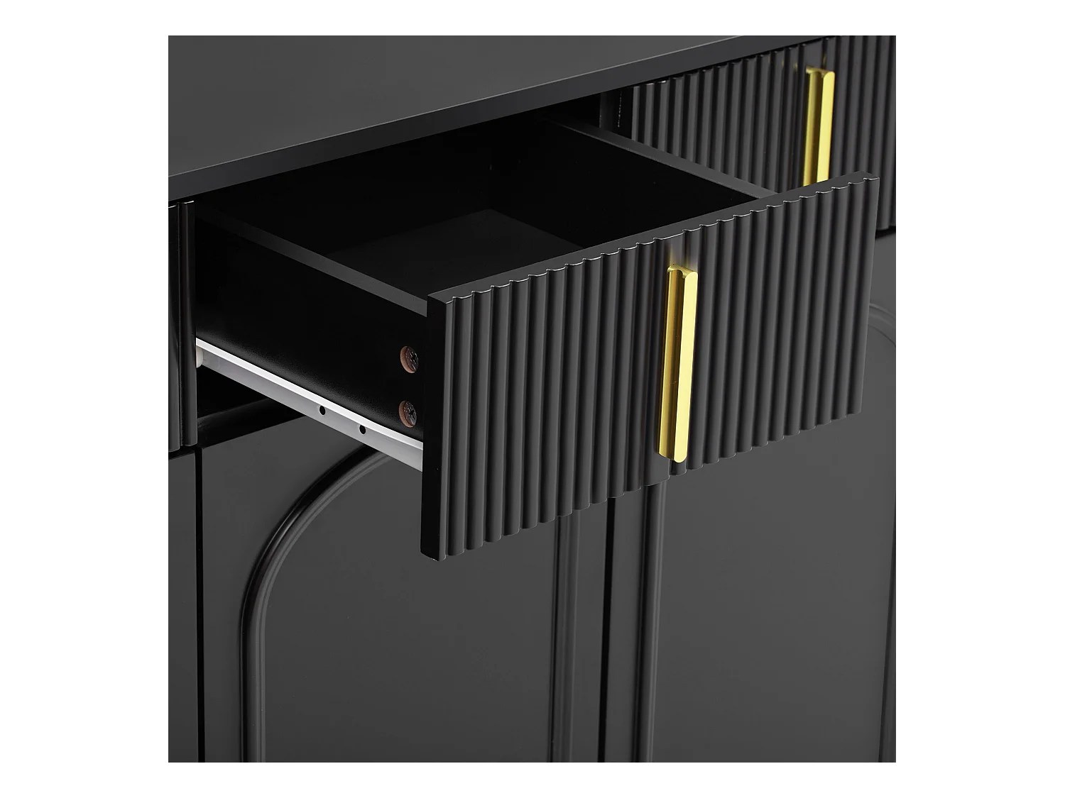 Buffet  moderne, 4 portes, 4 tiroirs, finition bois et noir, avec détails dorés (140x37.8x82 cm)