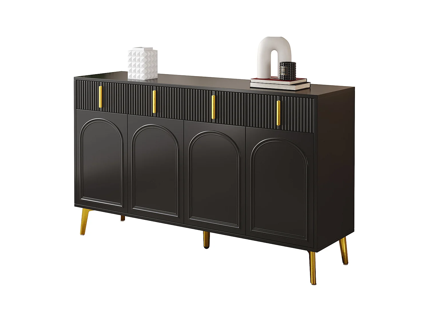 Credenza moderna, 4 ante, 4 cassetti, finitura legno e nero, con dettagli oro (140x37,8x82 cm)