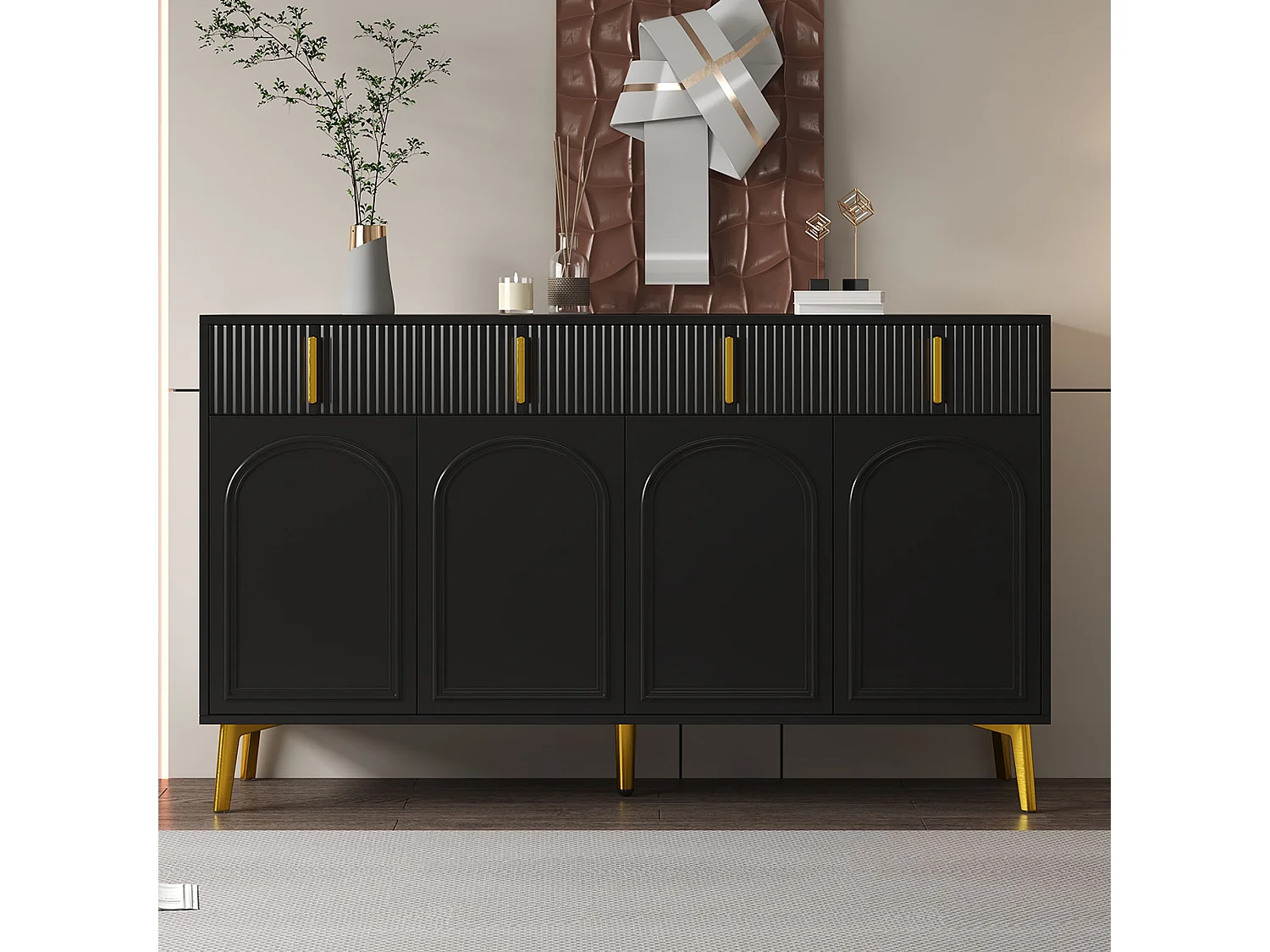 Buffet  moderne, 4 portes, 4 tiroirs, finition bois et noir, avec détails dorés (140x37.8x82 cm)