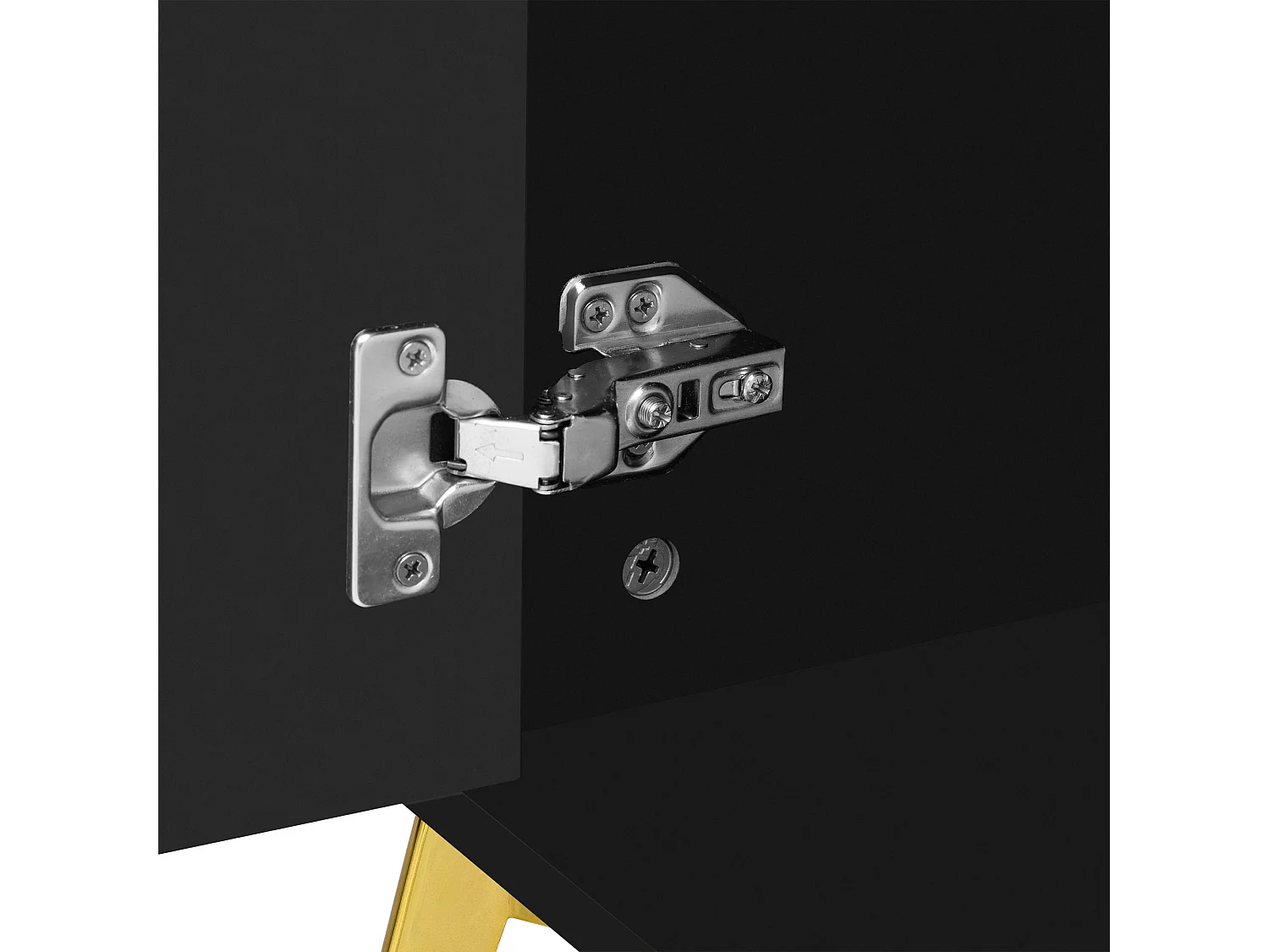 Buffet  moderne, 4 portes, 4 tiroirs, finition bois et noir, avec détails dorés (140x37.8x82 cm)