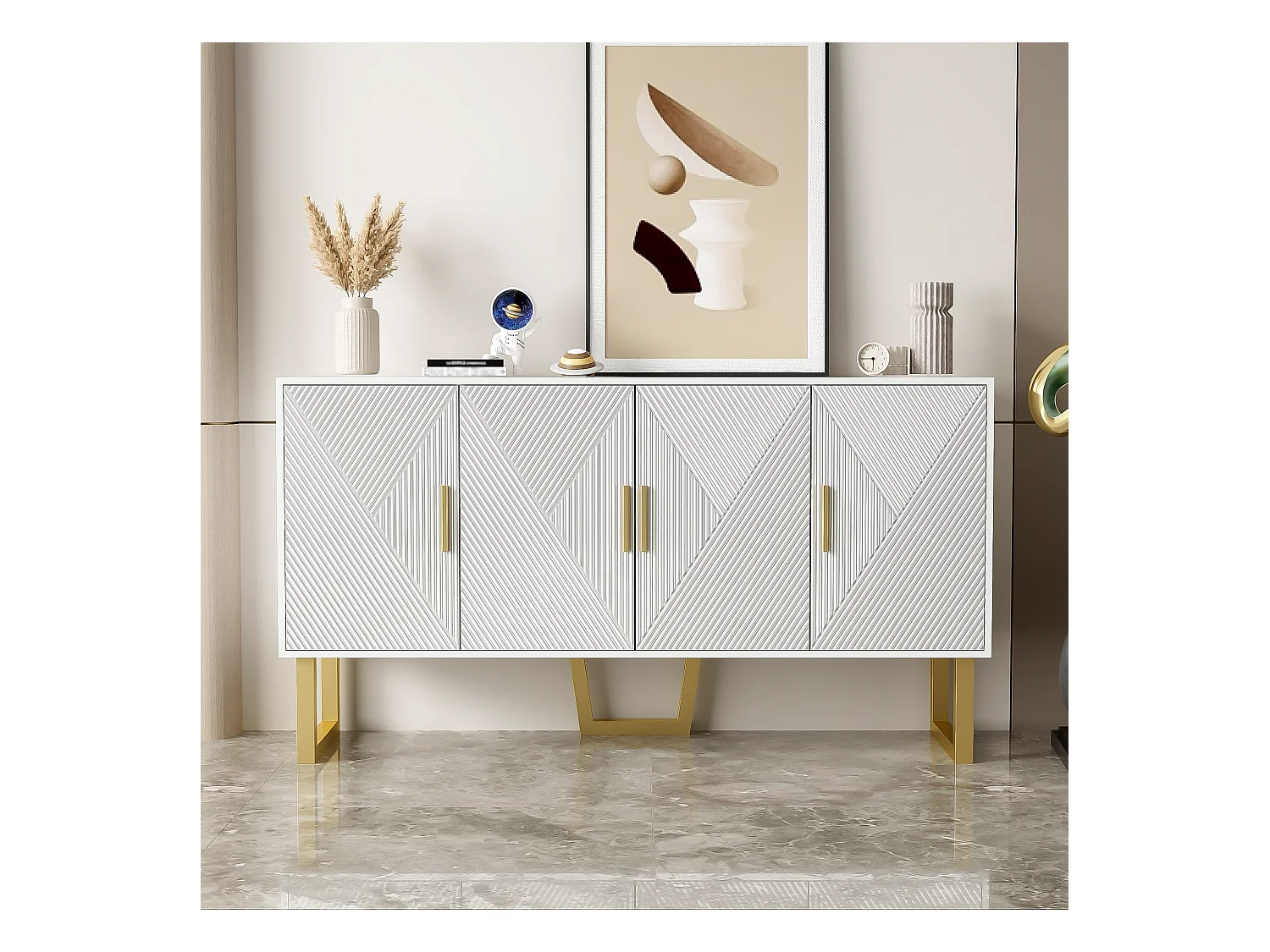 Buffet moderne en blanc laqué, portes texturées et poignées dorées, 4 portes, étagères réglables (150x40x82 cm)