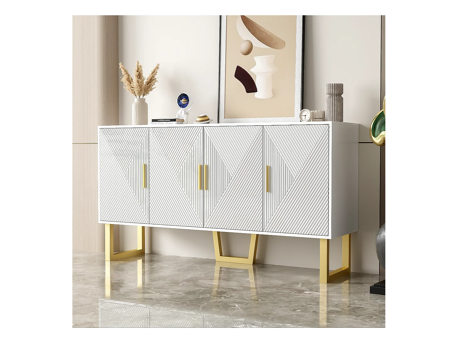 Buffet moderne en blanc laqué, portes texturées et poignées dorées, 4 portes, étagères réglables (150x40x82 cm)