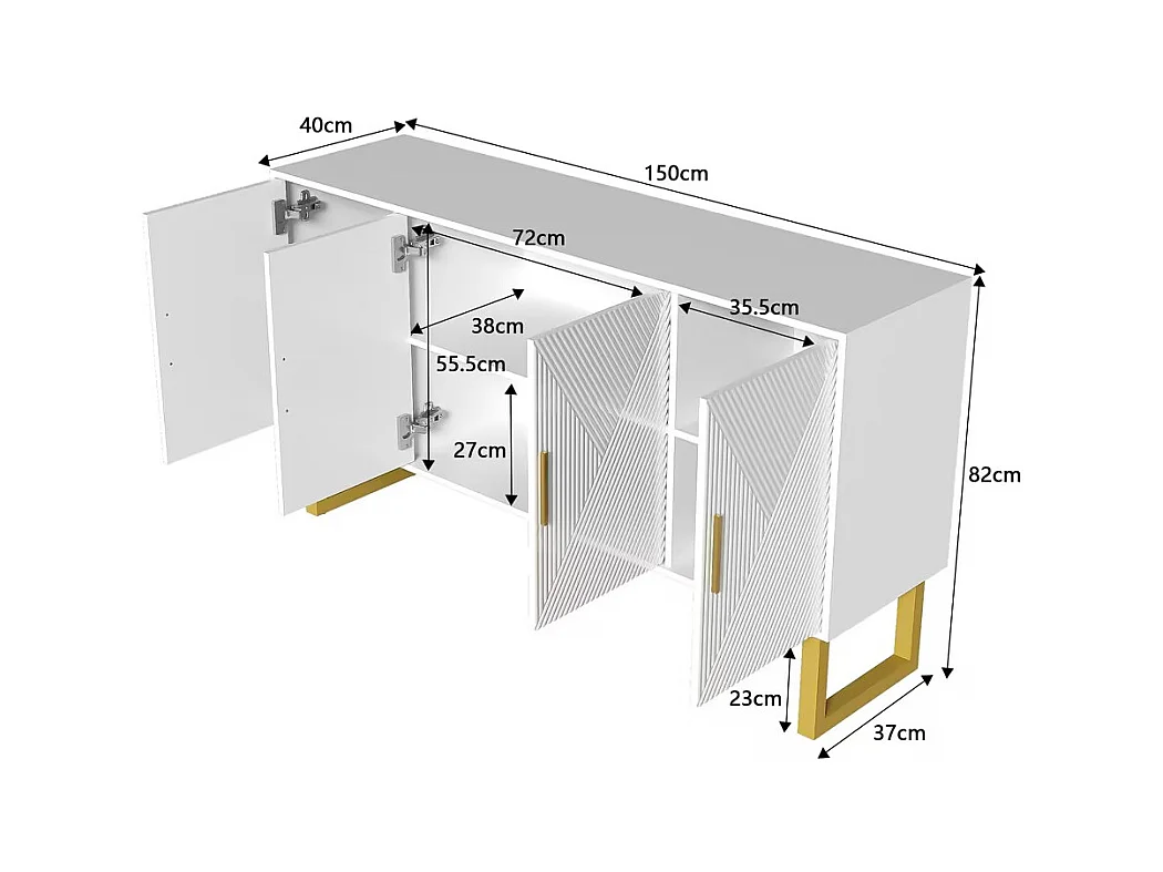 Buffet moderne en blanc laqué, portes texturées et poignées dorées, 4 portes, étagères réglables (150x40x82 cm)