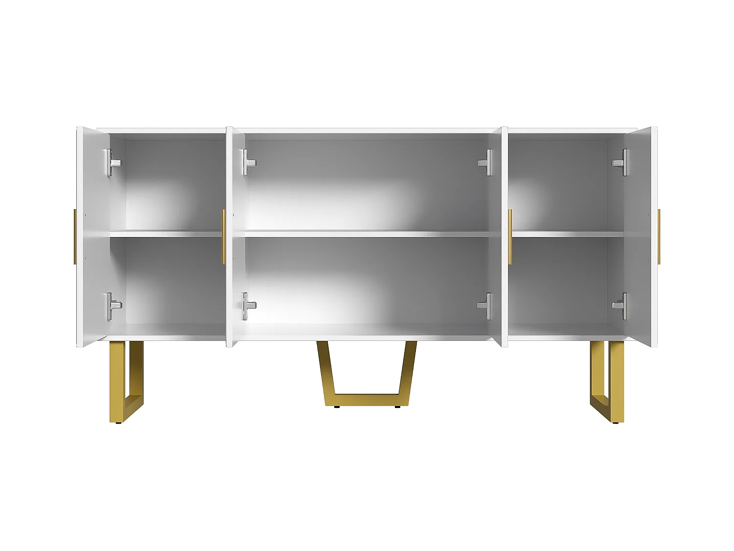 Buffet moderne en blanc laqué, portes texturées et poignées dorées, 4 portes, étagères réglables (150x40x82 cm)