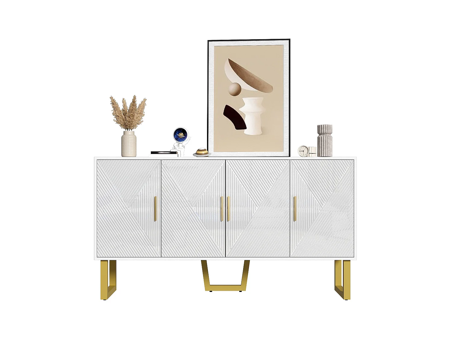 Buffet moderne en blanc laqué, portes texturées et poignées dorées, 4 portes, étagères réglables (150x40x82 cm)