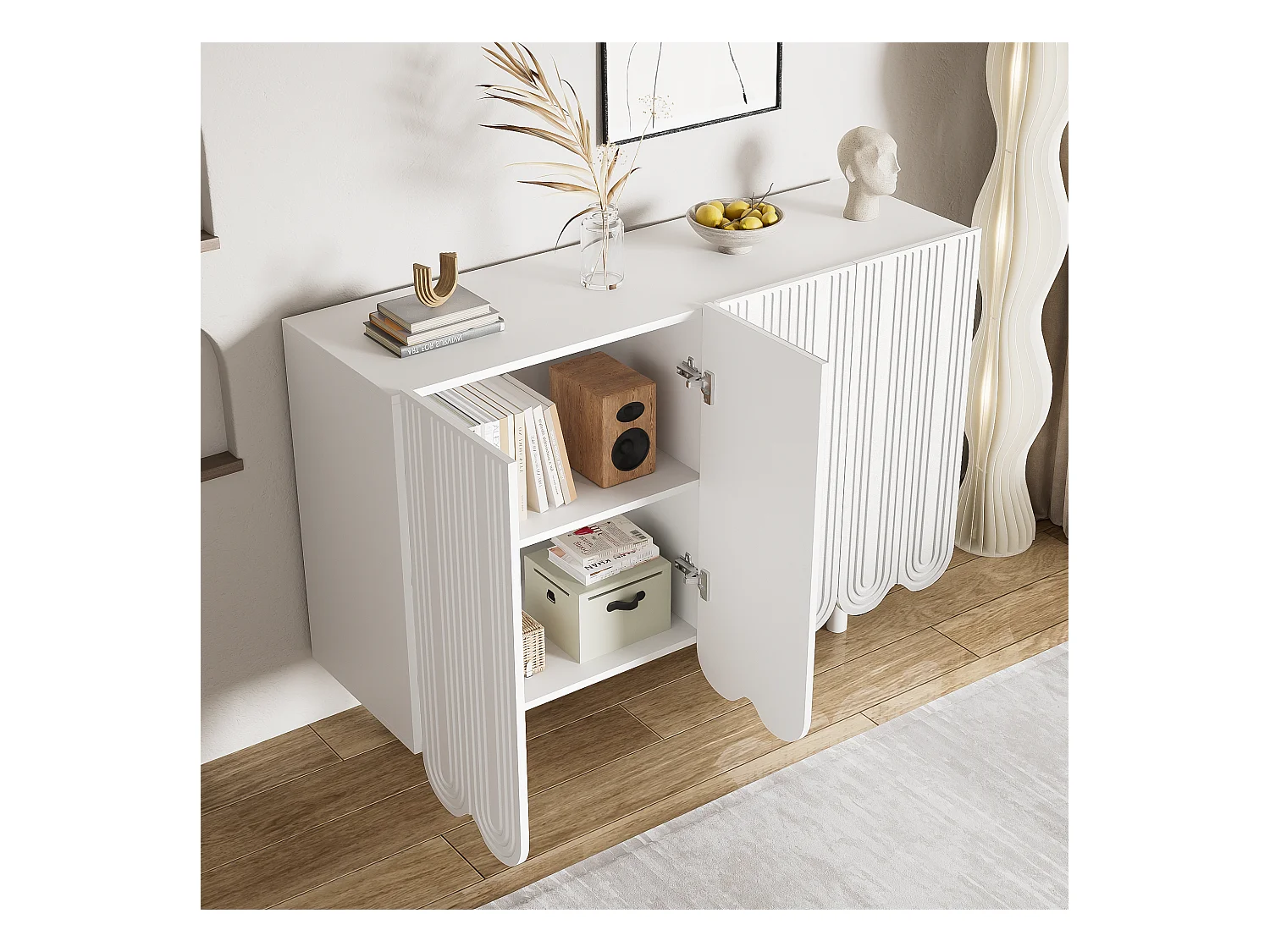 Buffet avec portes sculptées en forme de goutte, design moderne, MDF, blanc (120x37.5x80.8 cm)