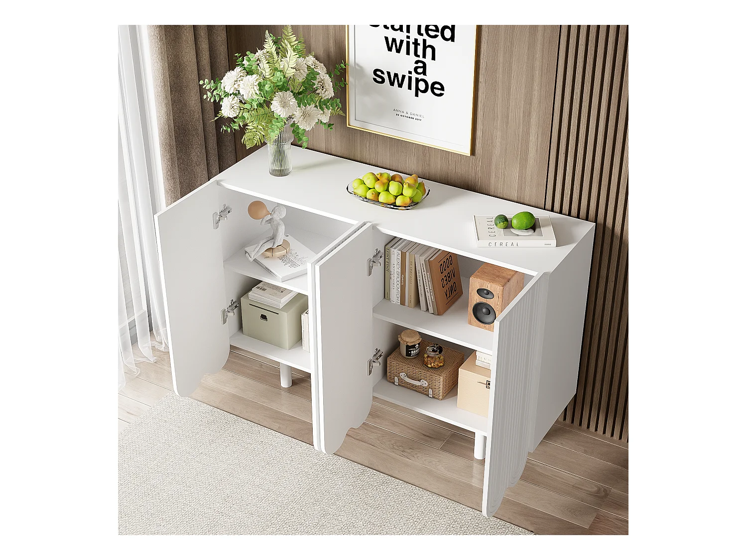Buffet avec portes sculptées en forme de goutte, design moderne, MDF, blanc (120x37.5x80.8 cm)