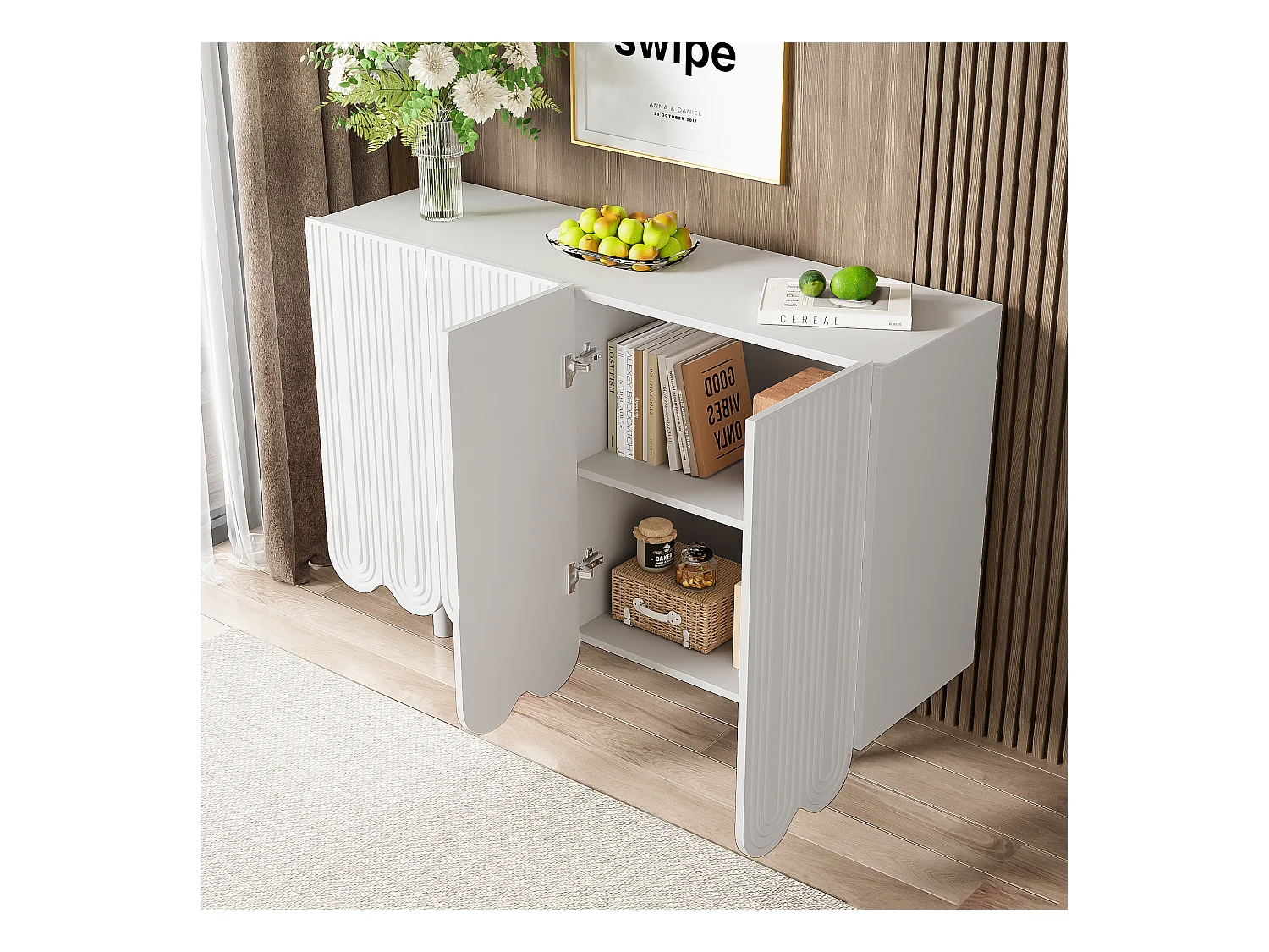 Buffet avec portes sculptées en forme de goutte, design moderne, MDF, blanc (120x37.5x80.8 cm)